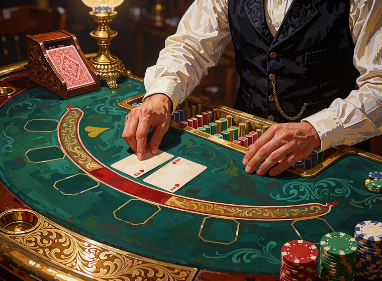 Krupier rozdaje karty na zielonym stole do blackjacka w kasynie live WestAce