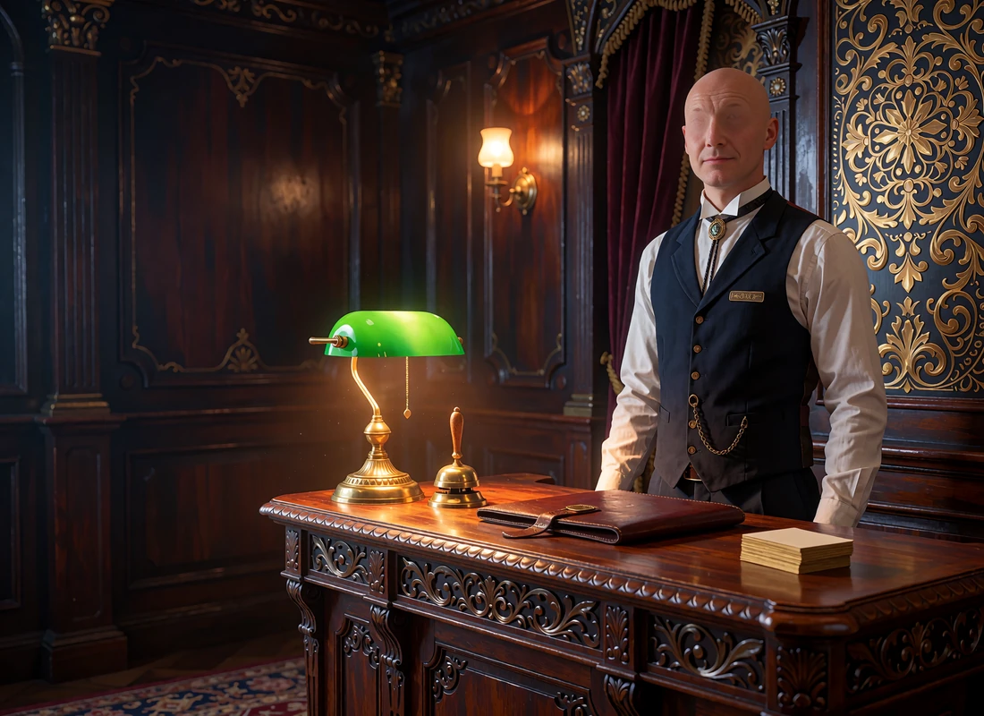 Dyskretny concierge przy mahoniowym biurku z lampą bankierską - osobisty menedżer konta VIP WestAce Casino