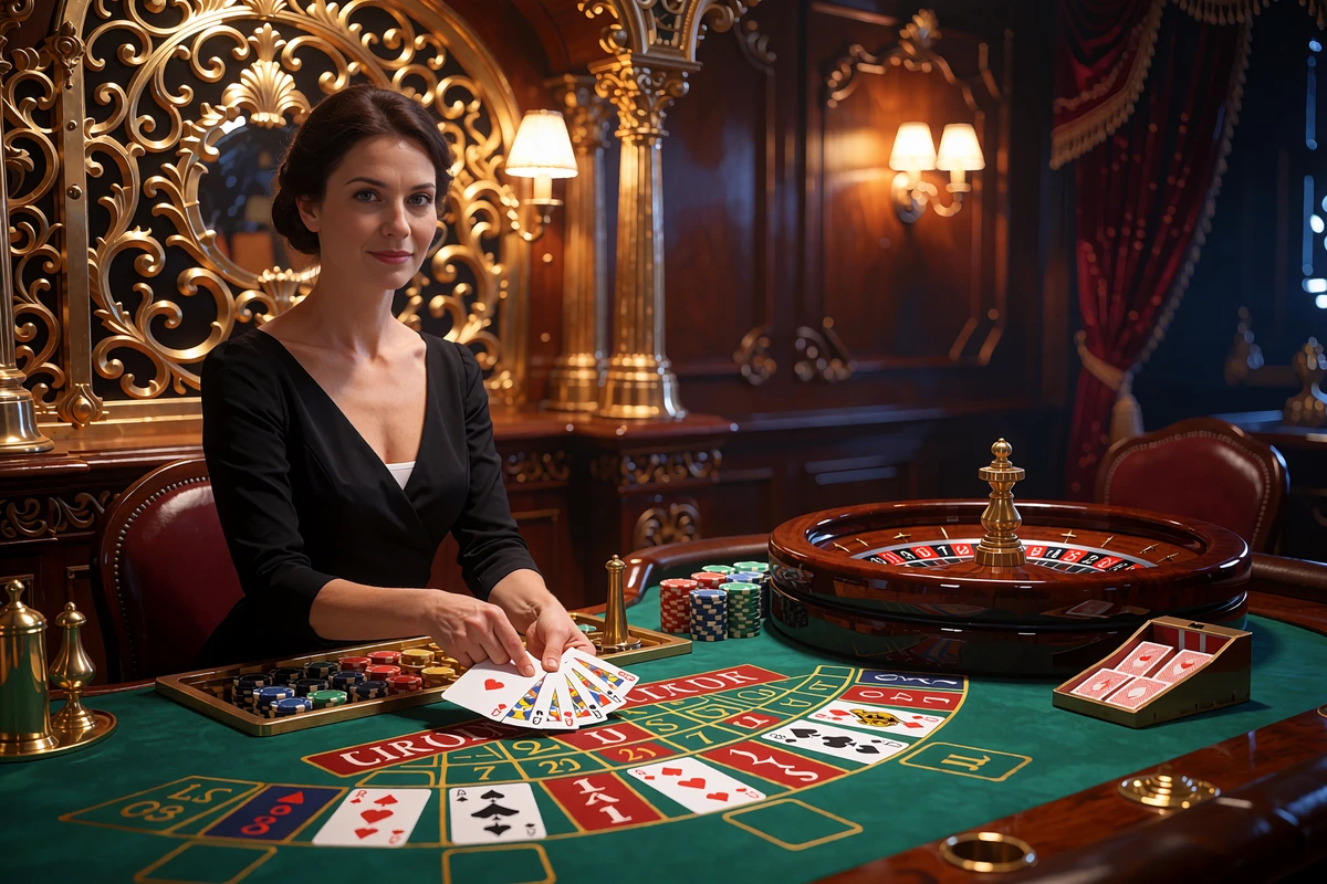 Krupierka przy stole live casino WestAce rozdaje karty obok koła ruletki w saloonowym wnętrzu